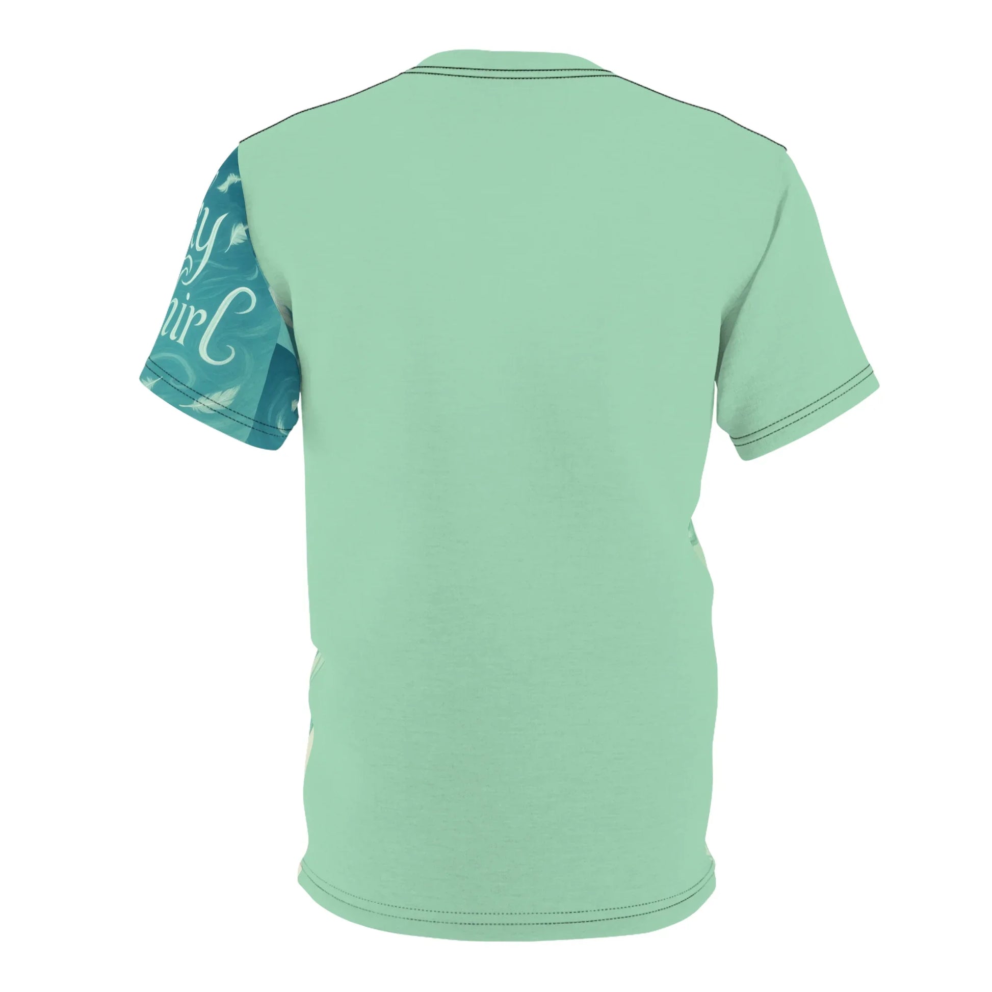Back of a light green t-shirt with a blue patterned sleeve.