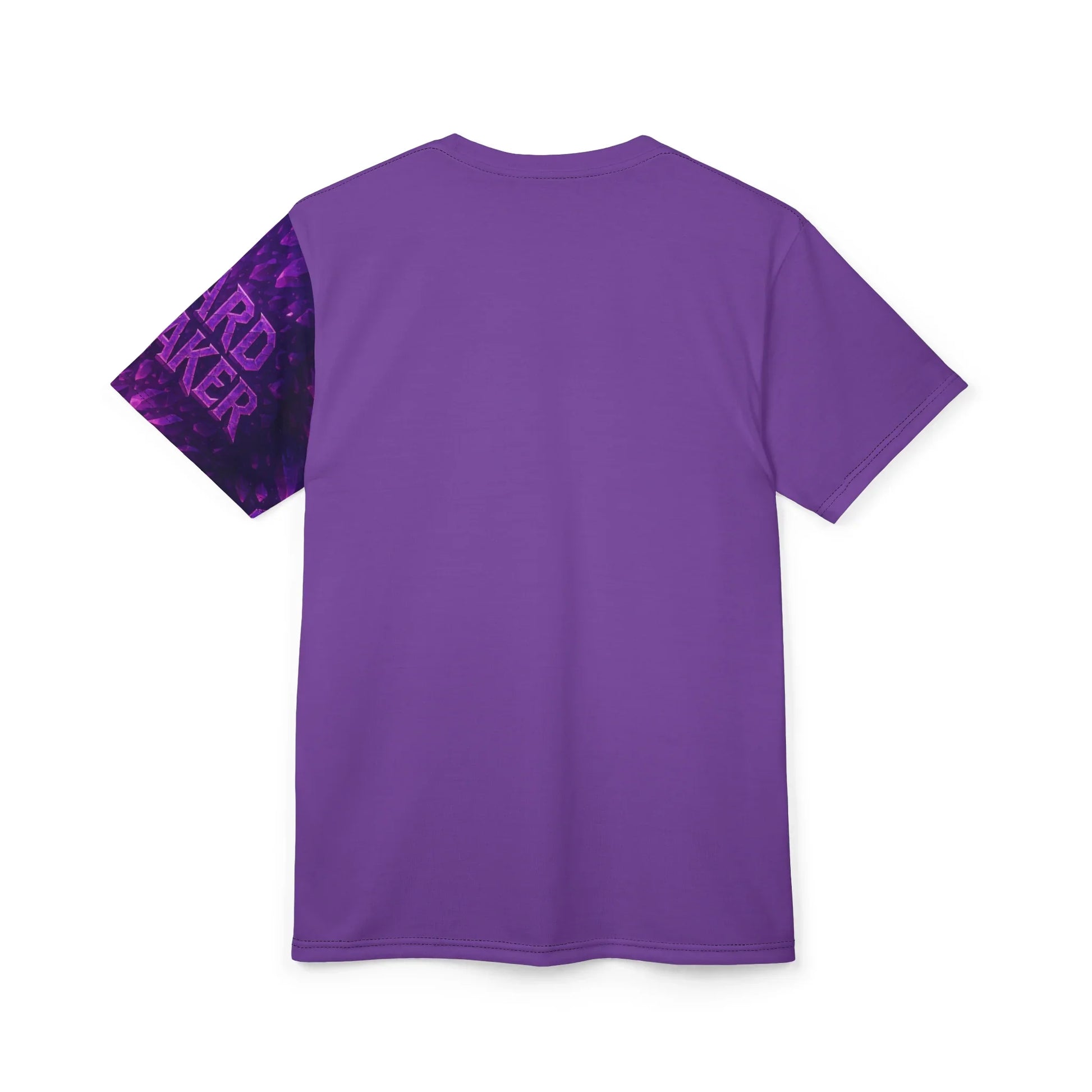 Purple t-shirt with graphic sleeve.
