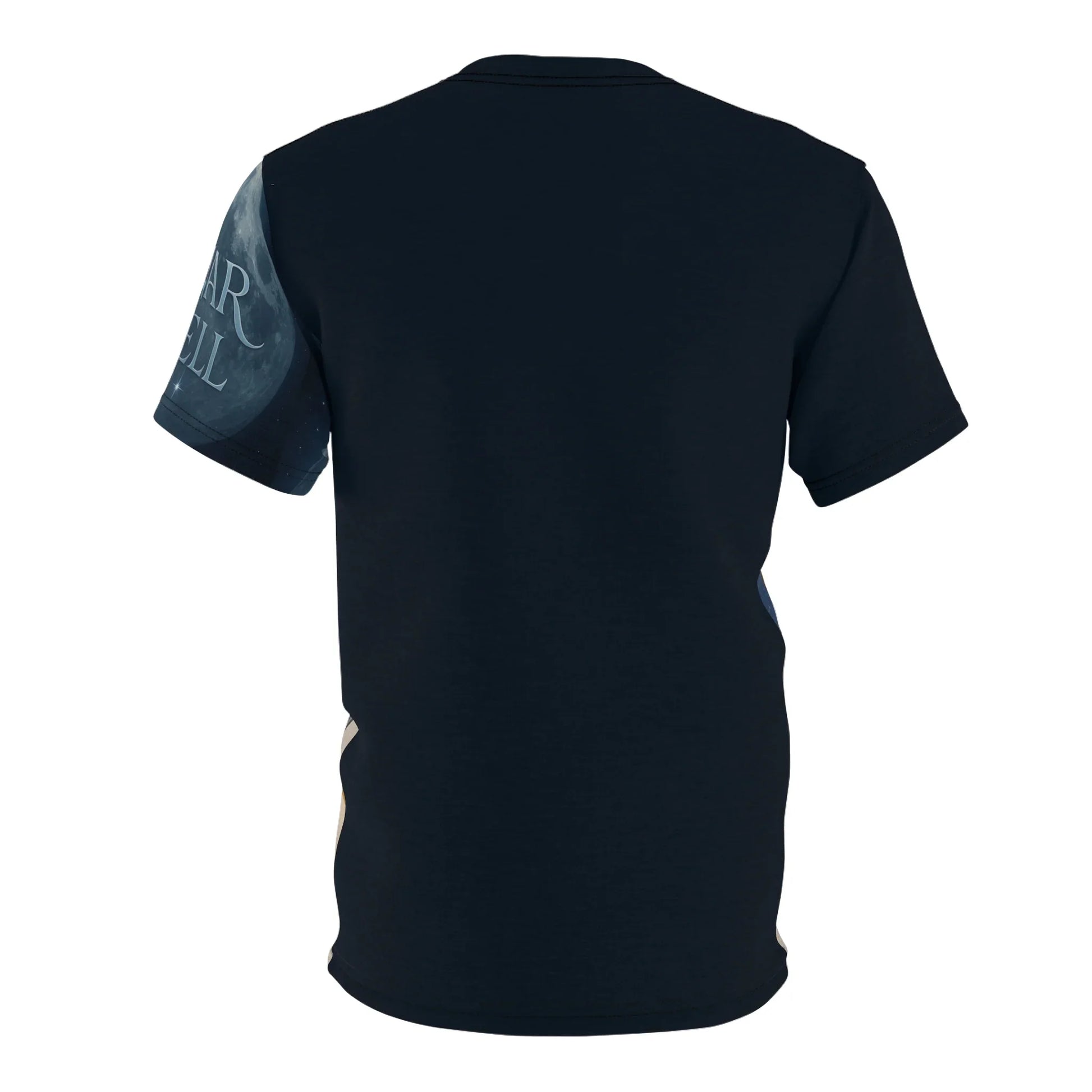 Black t-shirt, short sleeves.