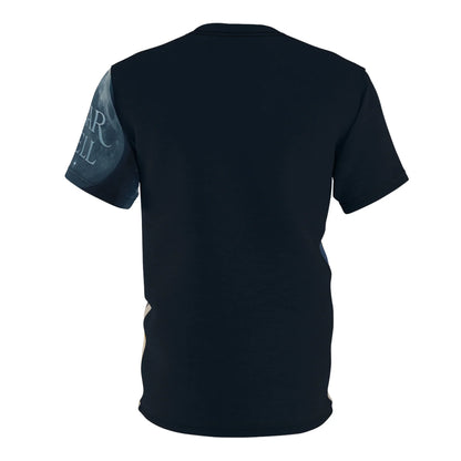 Black t-shirt, short sleeves.