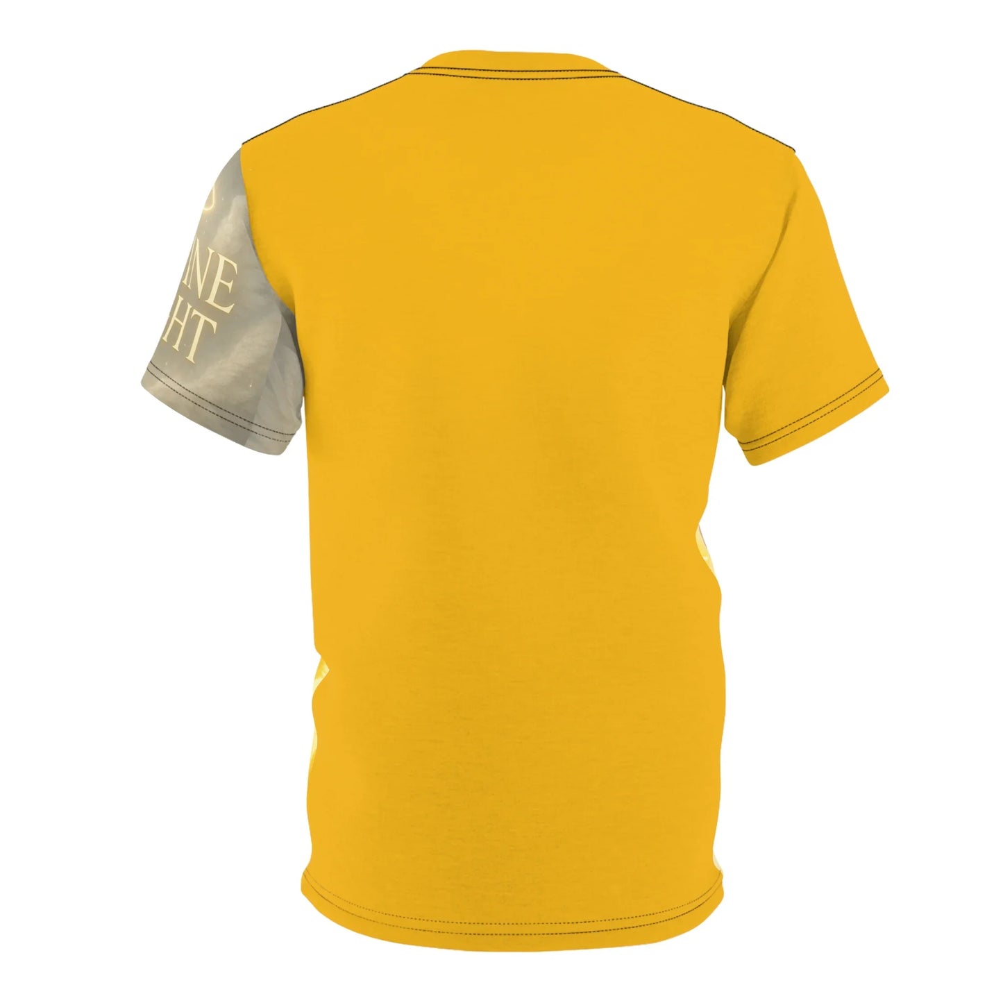 Yellow t-shirt with graphic on one sleeve.